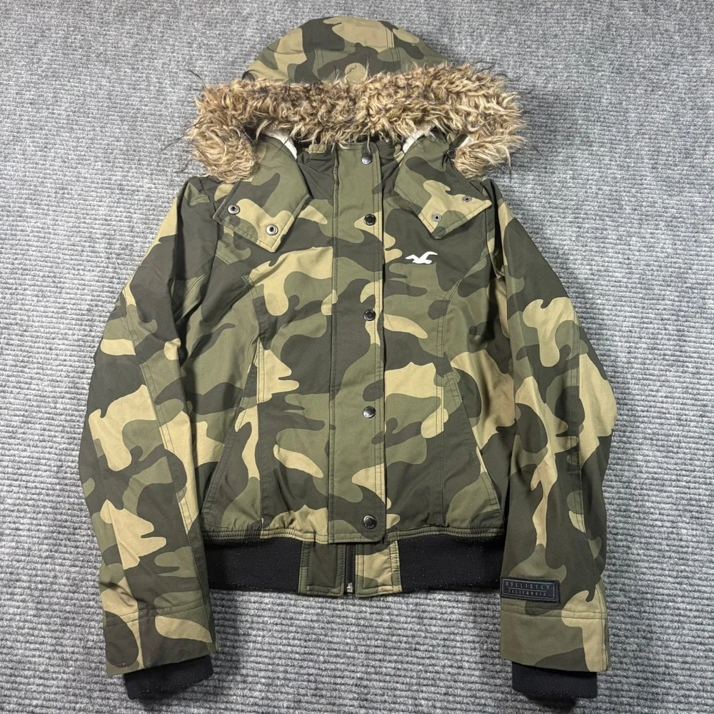 Hollister Kids All-Weather Bomber Jacket Camo Faux Fur Hood Green Small 3009